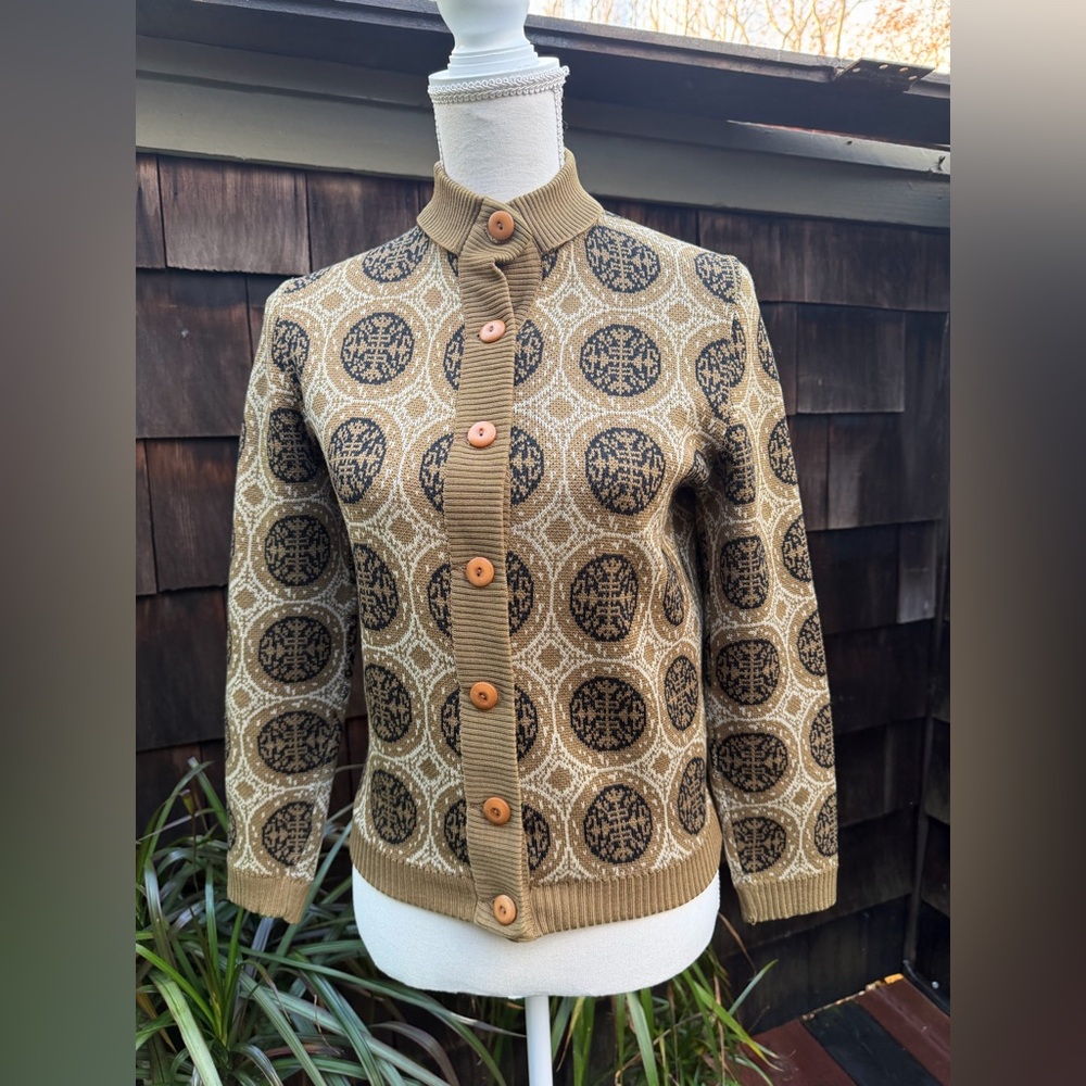 Vtg 60s cardigan sweater button green geometric print XS/S Catalina Jacquard